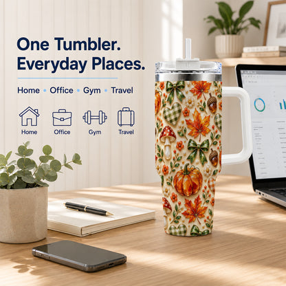 #pl[40oz|White] Fall Woodland Tumbler 40oz, Pumpkin Tumbler, Stainless Steel Travel Cup
