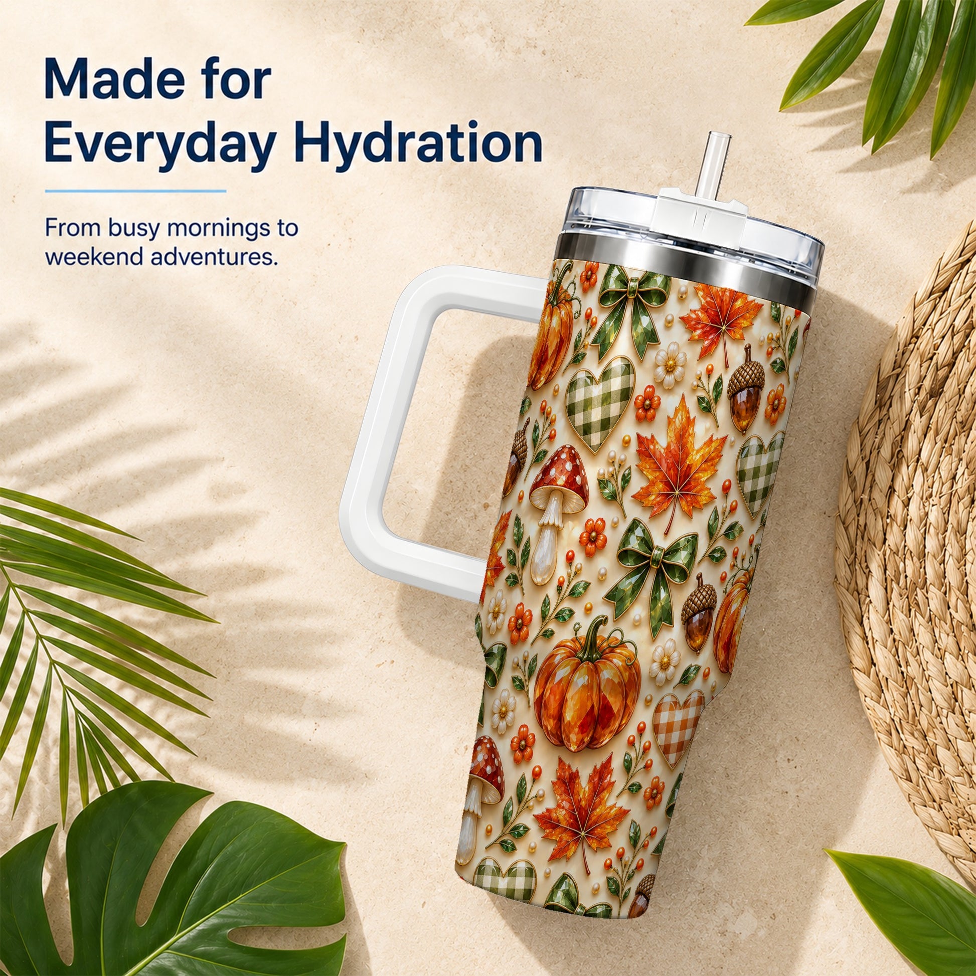 #pl[40oz|White] Fall Woodland Tumbler 40oz, Pumpkin Tumbler, Stainless Steel Travel Cup