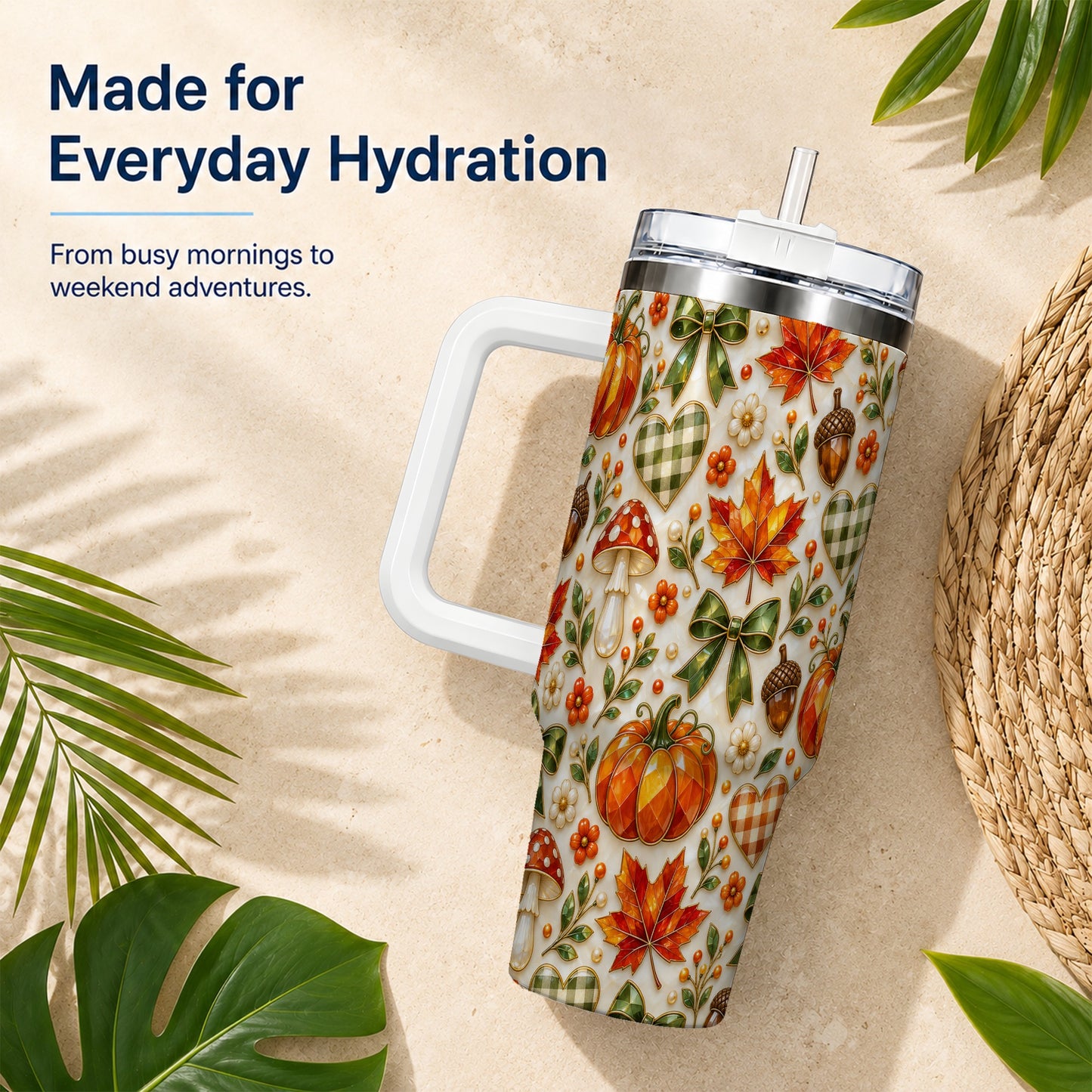 #pl[40oz|White] Faceted Fall Tumbler 40oz, Pumpkin Tumbler, Stainless Steel Travel Cup