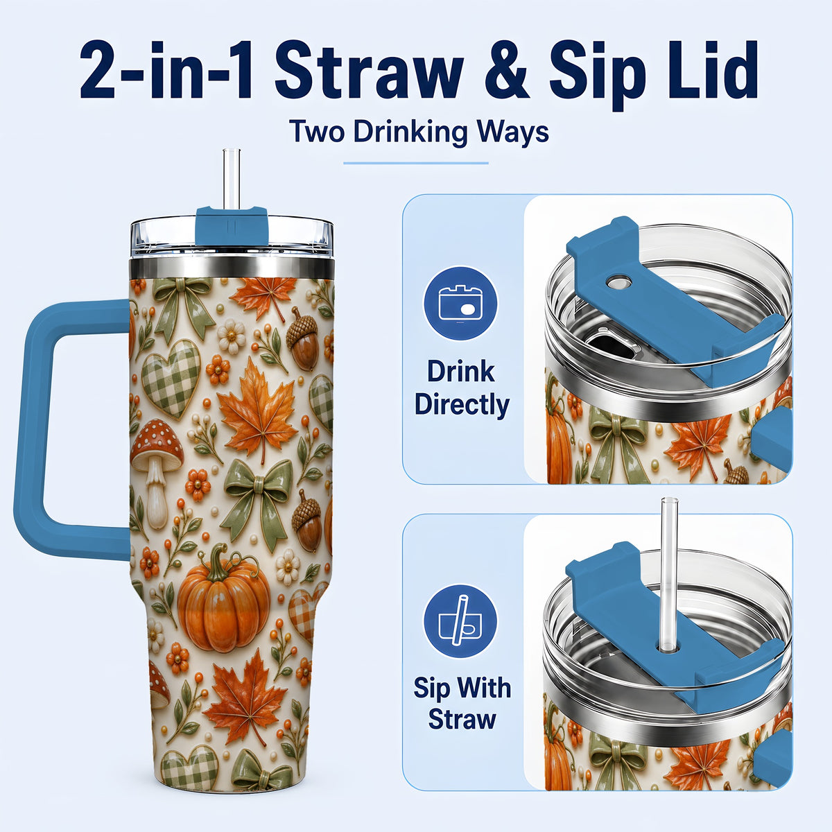 #pl[40oz|Blue] Harvest Pumpkin Tumbler 40oz, Autumn Tumbler, Stainless Steel Travel Cup