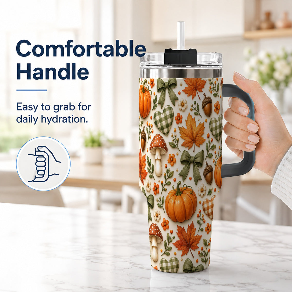 #pl[40oz|Black] Autumn Pumpkin 40oz Tumbler with Handle, Fall Harvest Travel Cup