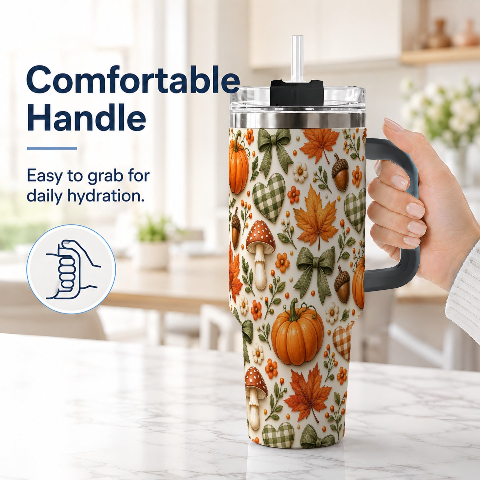 #pl[40oz|Black] Autumn Pumpkin 40oz Tumbler with Handle, Fall Harvest Travel Cup