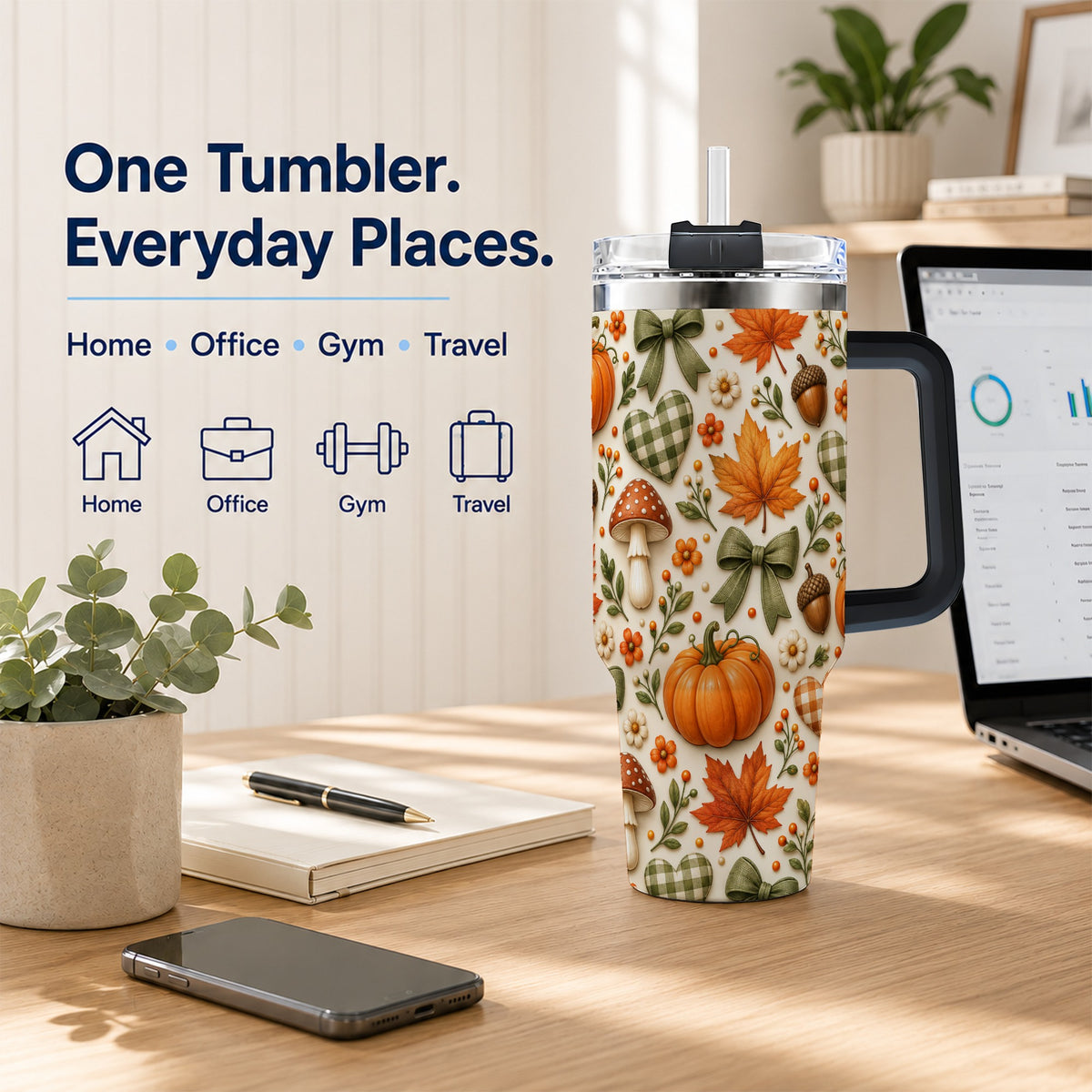 #pl[40oz|Black] Autumn Pumpkin 40oz Tumbler with Handle, Fall Harvest Travel Cup