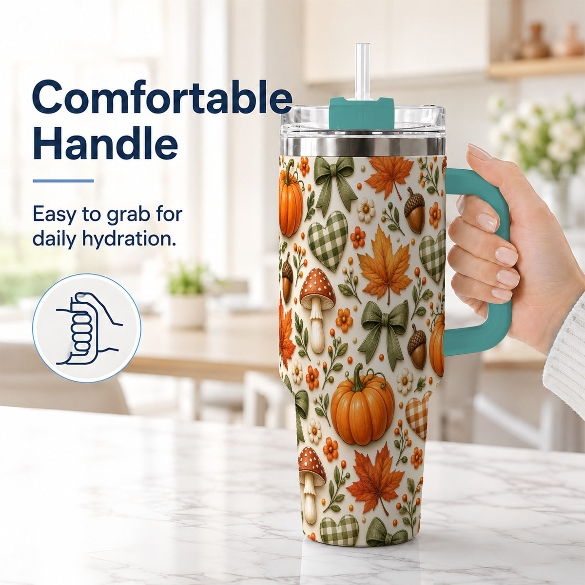 #pl[40oz|Green] Autumn Pumpkin 40oz Tumbler with Handle, Fall Harvest Travel Cup