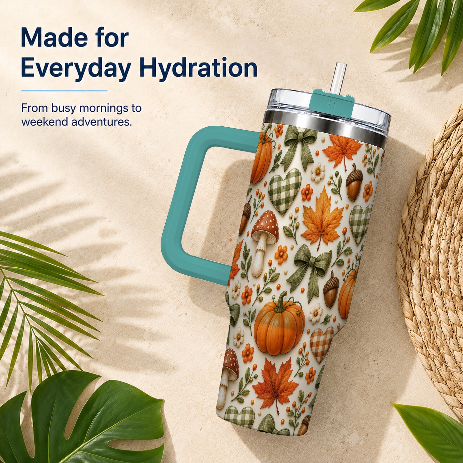 #pl[40oz|Green] Autumn Pumpkin 40oz Tumbler with Handle, Fall Harvest Travel Cup