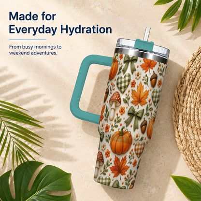 #pl[40oz|Green] Autumn Pumpkin 40oz Tumbler with Handle, Fall Harvest Travel Cup