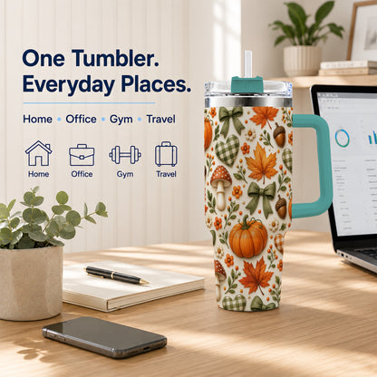 #pl[40oz|Green] Autumn Pumpkin 40oz Tumbler with Handle, Fall Harvest Travel Cup