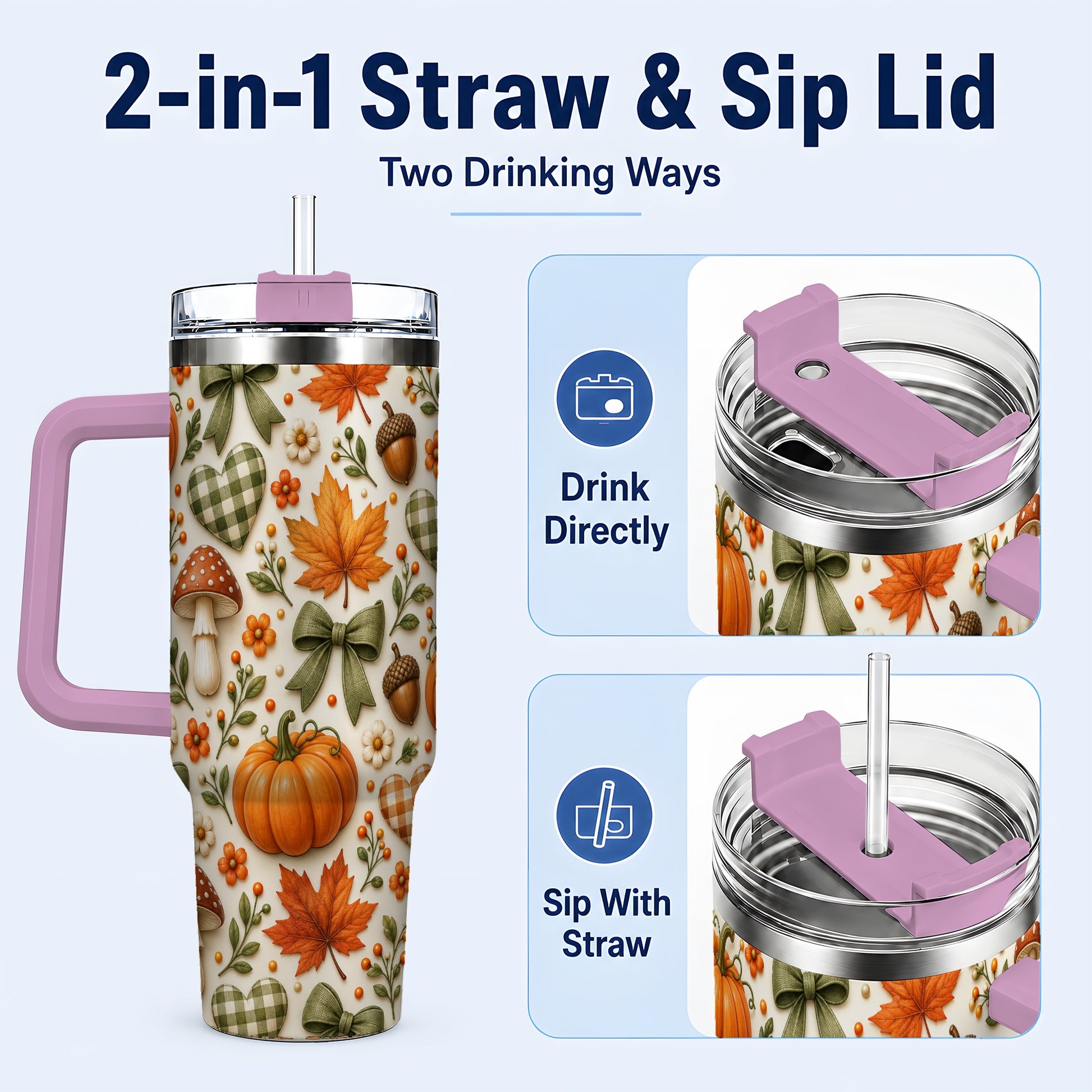 #pl[40oz|Pink] Autumn Pumpkin 40oz Tumbler with Handle, Fall Harvest Travel Cup