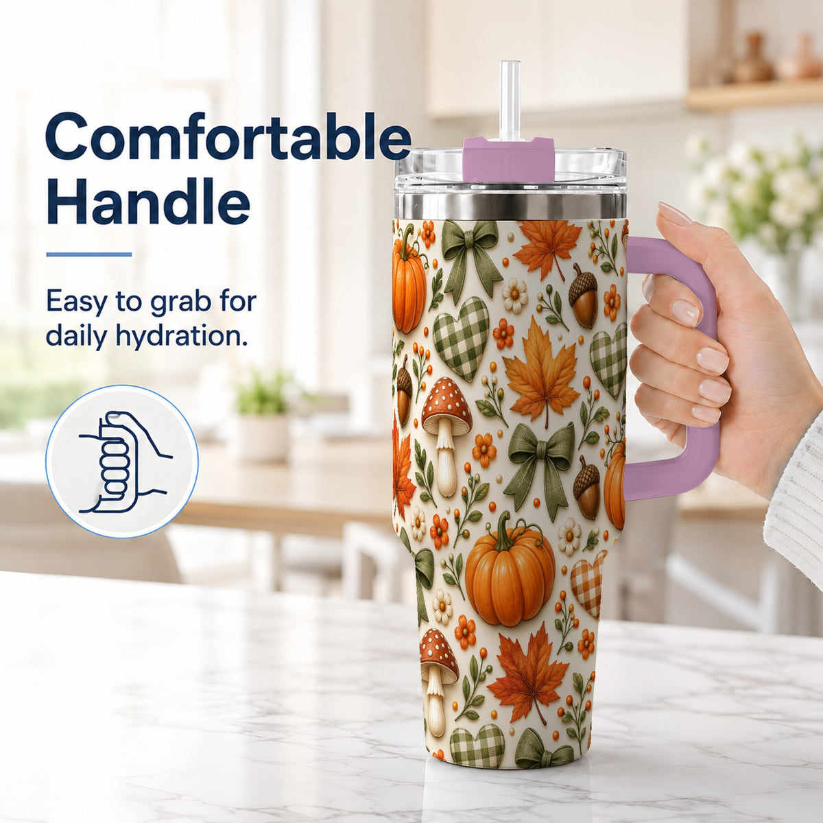 #pl[40oz|Pink] Autumn Pumpkin 40oz Tumbler with Handle, Fall Harvest Travel Cup