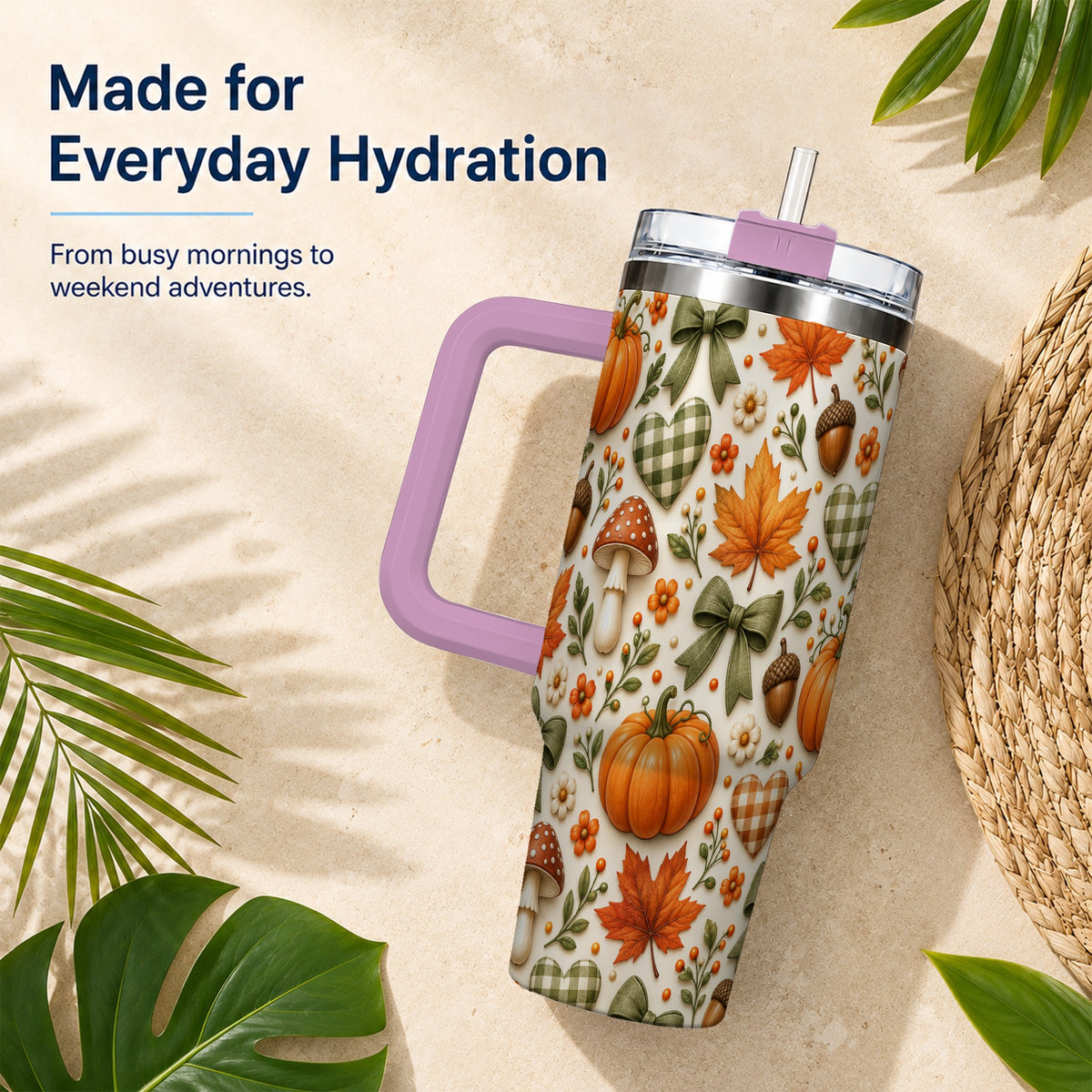 #pl[40oz|Pink] Autumn Pumpkin 40oz Tumbler with Handle, Fall Harvest Travel Cup