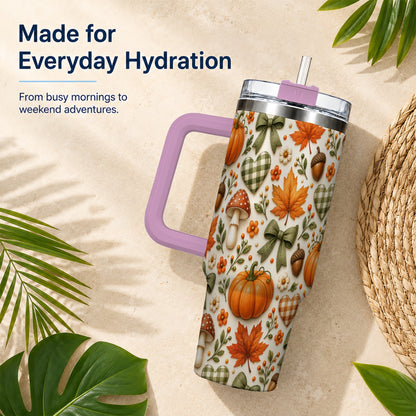 #pl[40oz|Pink] Autumn Pumpkin 40oz Tumbler with Handle, Fall Harvest Travel Cup