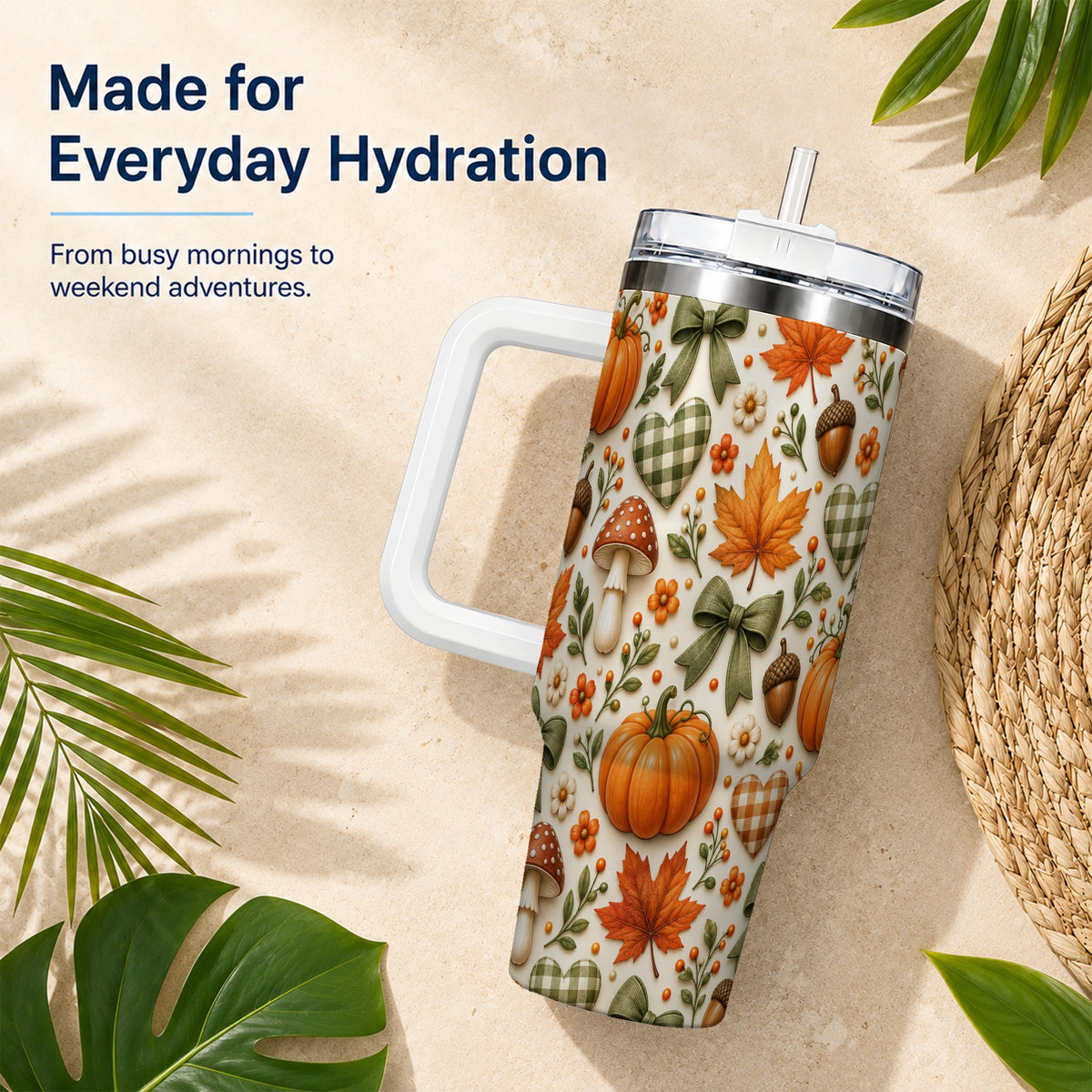 #pl[40oz|White] Autumn Pumpkin 40oz Tumbler with Handle, Fall Harvest Travel Cup