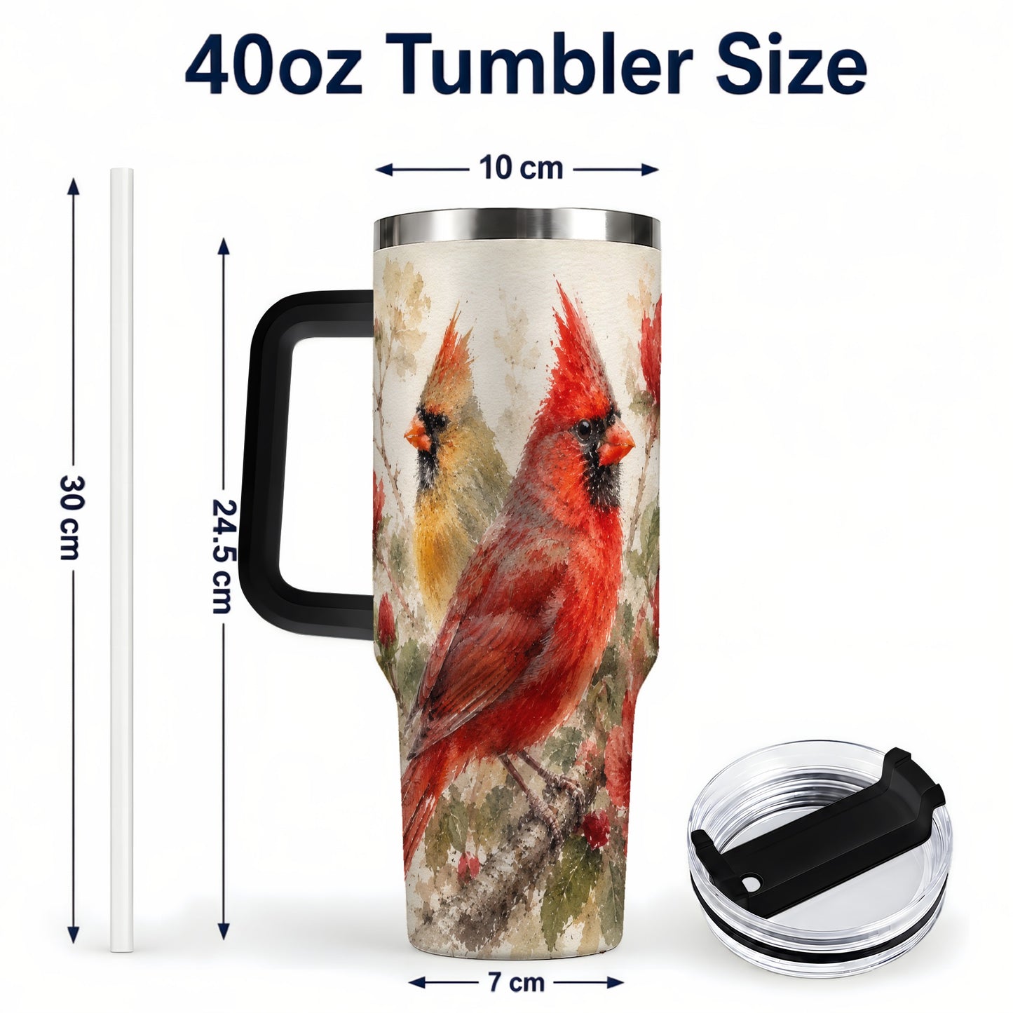 #pl[40oz|Black] Red Cardinal 40oz Tumbler with Handle, Floral Bird Travel Cup
