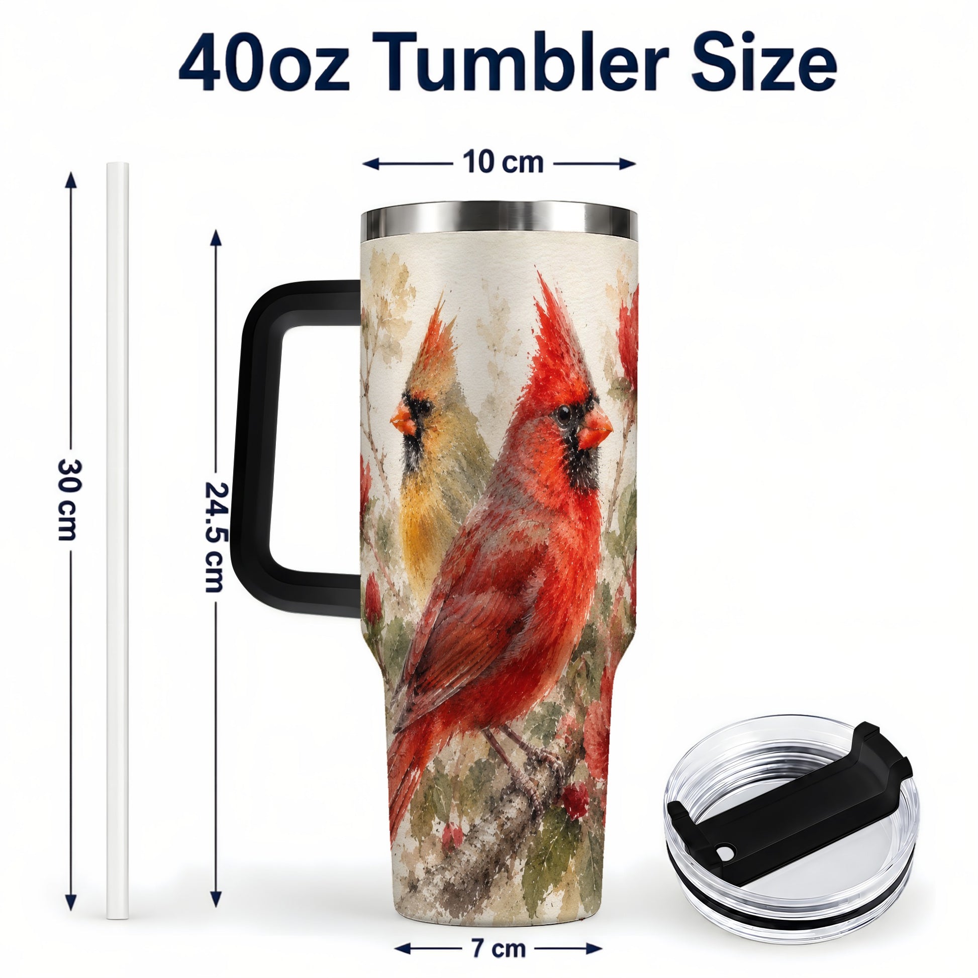 #pl[40oz|Black] Red Cardinal 40oz Tumbler with Handle, Floral Bird Travel Cup