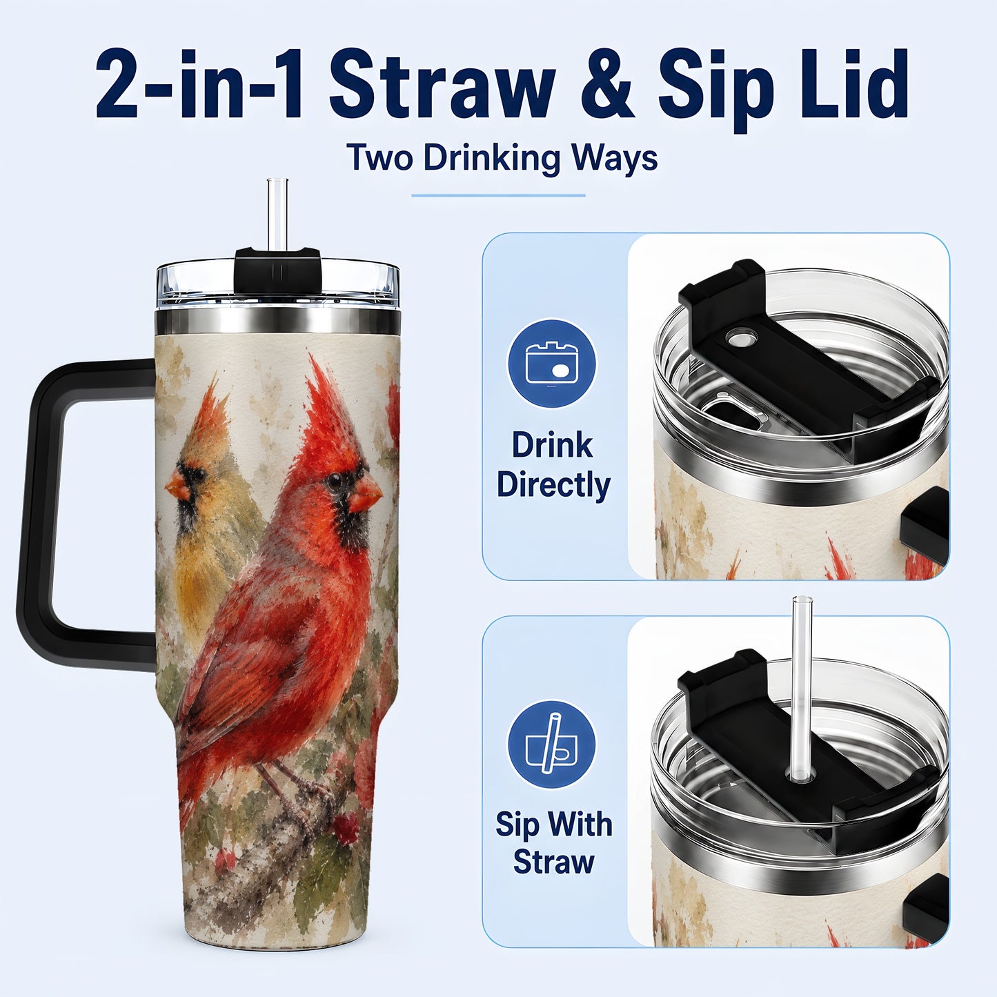 #pl[40oz|Black] Red Cardinal 40oz Tumbler with Handle, Floral Bird Travel Cup