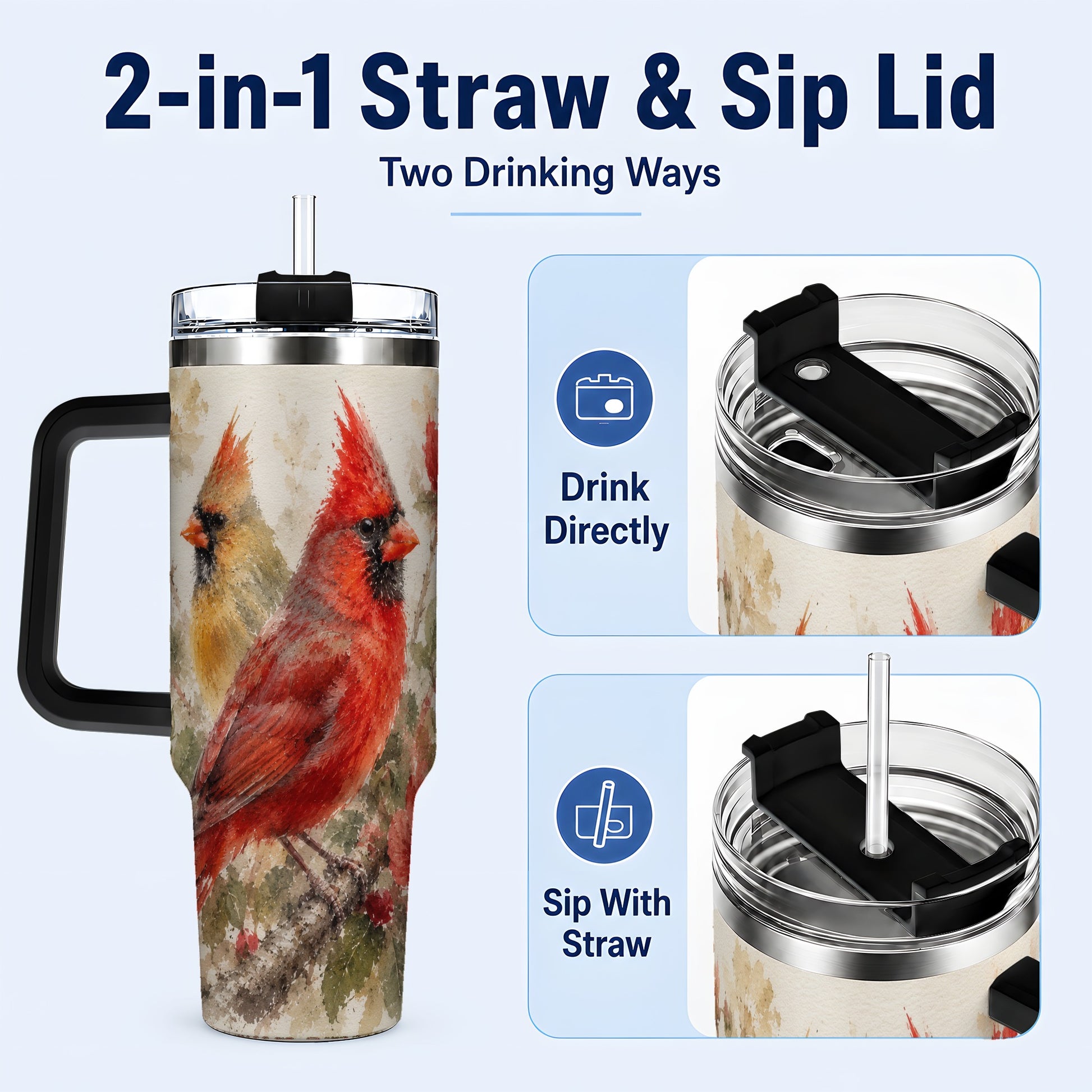 #pl[40oz|Black] Red Cardinal 40oz Tumbler with Handle, Floral Bird Travel Cup