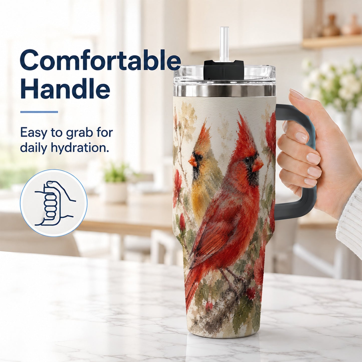 #pl[40oz|Black] Red Cardinal 40oz Tumbler with Handle, Floral Bird Travel Cup