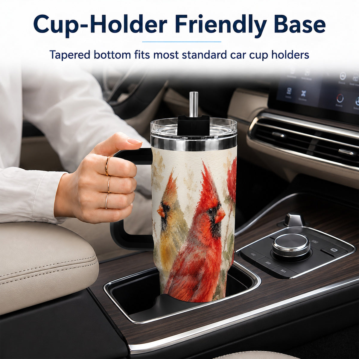 #pl[40oz|Black] Red Cardinal 40oz Tumbler with Handle, Floral Bird Travel Cup