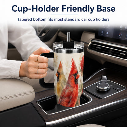 #pl[40oz|Black] Red Cardinal 40oz Tumbler with Handle, Floral Bird Travel Cup
