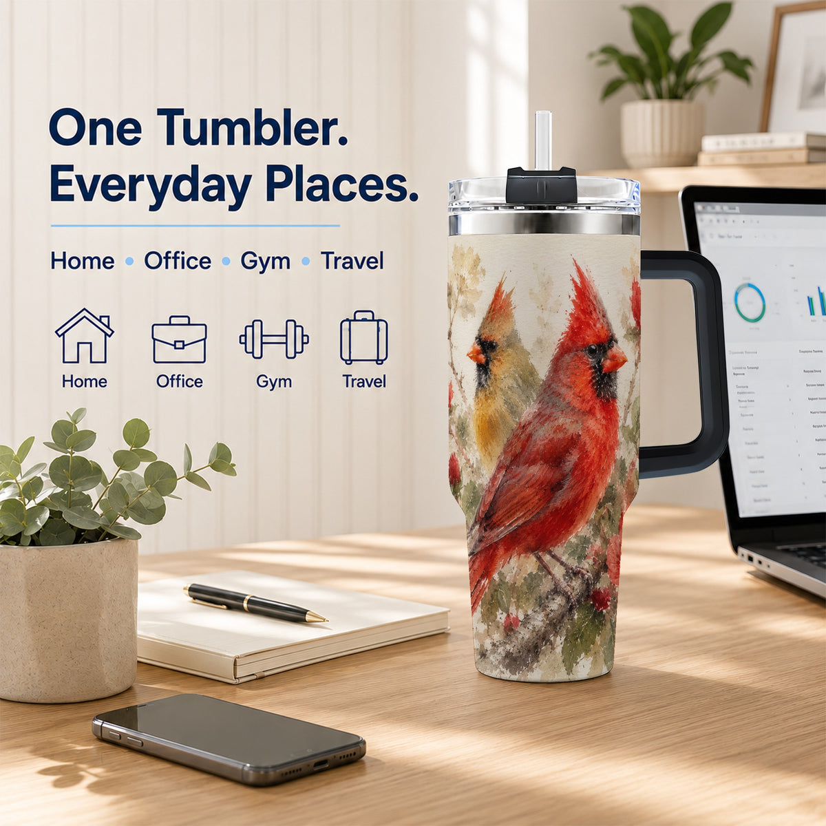 #pl[40oz|Black] Red Cardinal 40oz Tumbler with Handle, Floral Bird Travel Cup