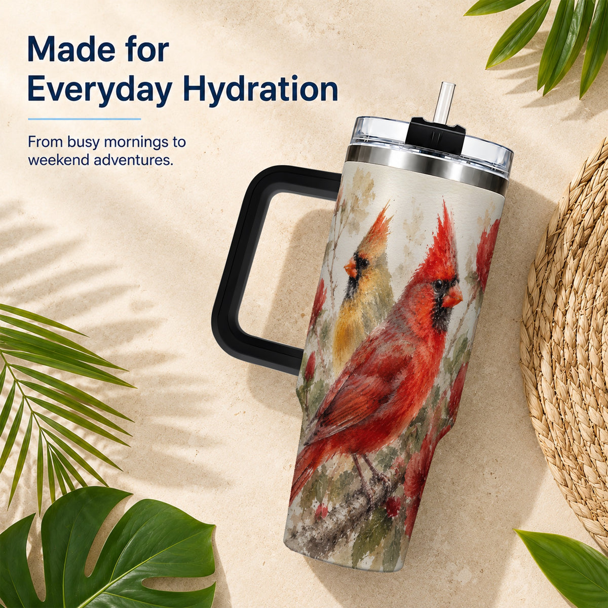 #pl[40oz|Black] Red Cardinal 40oz Tumbler with Handle, Floral Bird Travel Cup