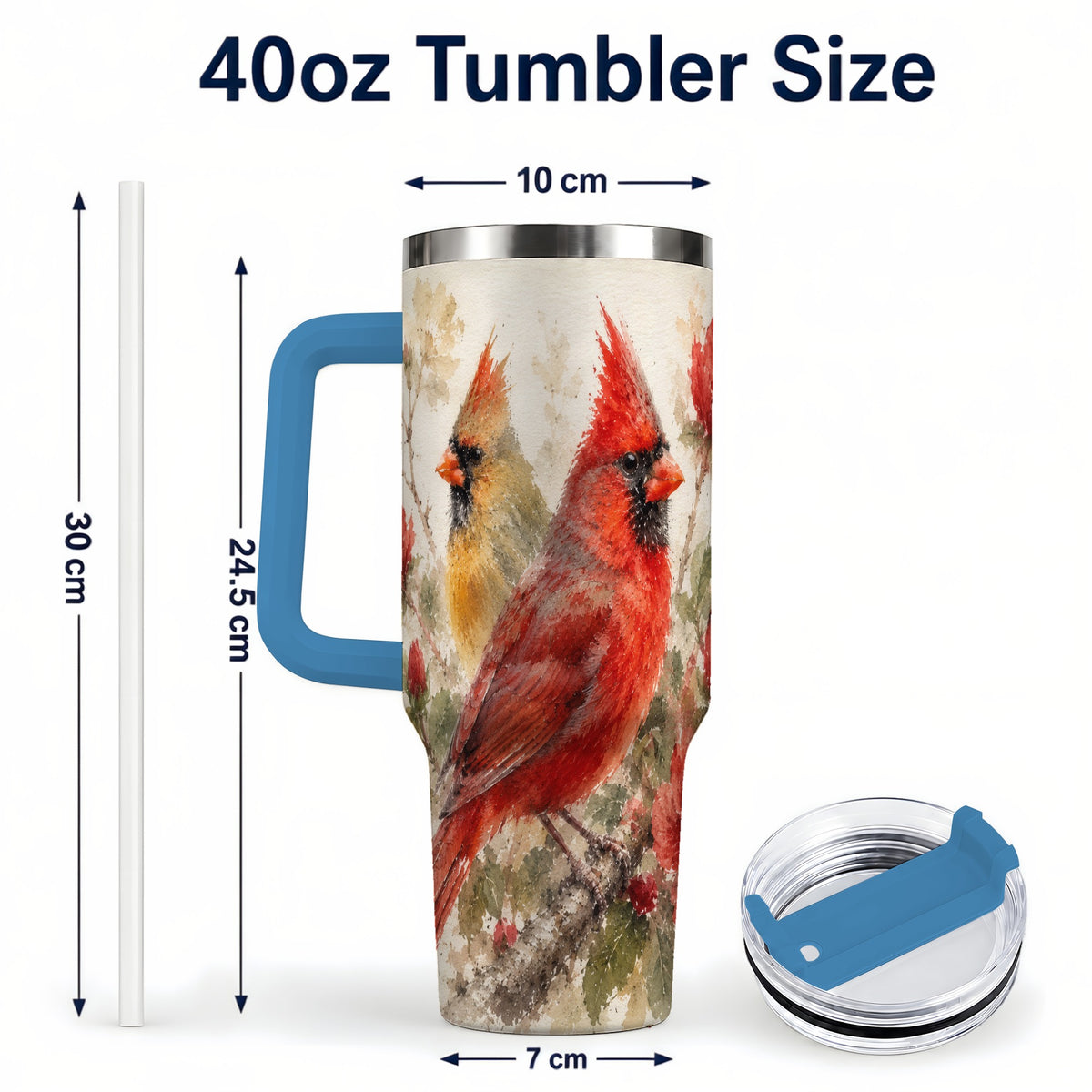#pl[40oz|Blue] Red Cardinal 40oz Tumbler with Handle, Floral Bird Travel Cup