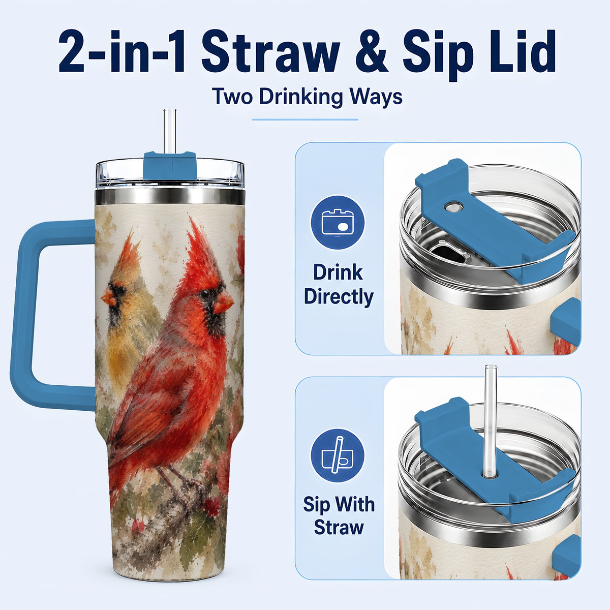 #pl[40oz|Blue] Red Cardinal 40oz Tumbler with Handle, Floral Bird Travel Cup
