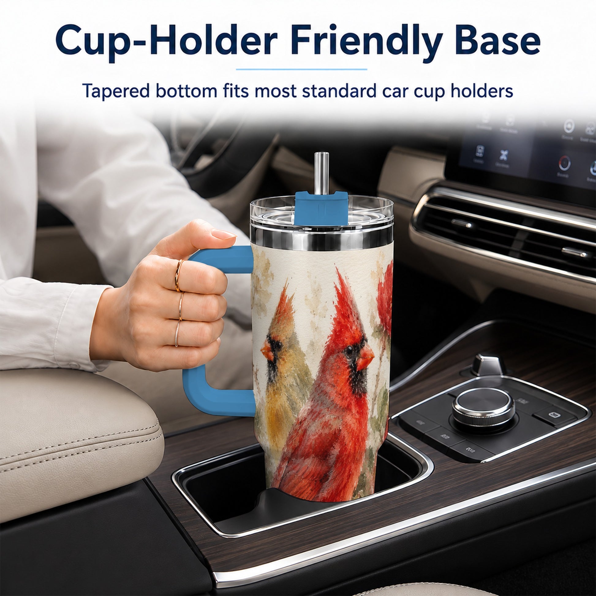 #pl[40oz|Blue] Red Cardinal 40oz Tumbler with Handle, Floral Bird Travel Cup