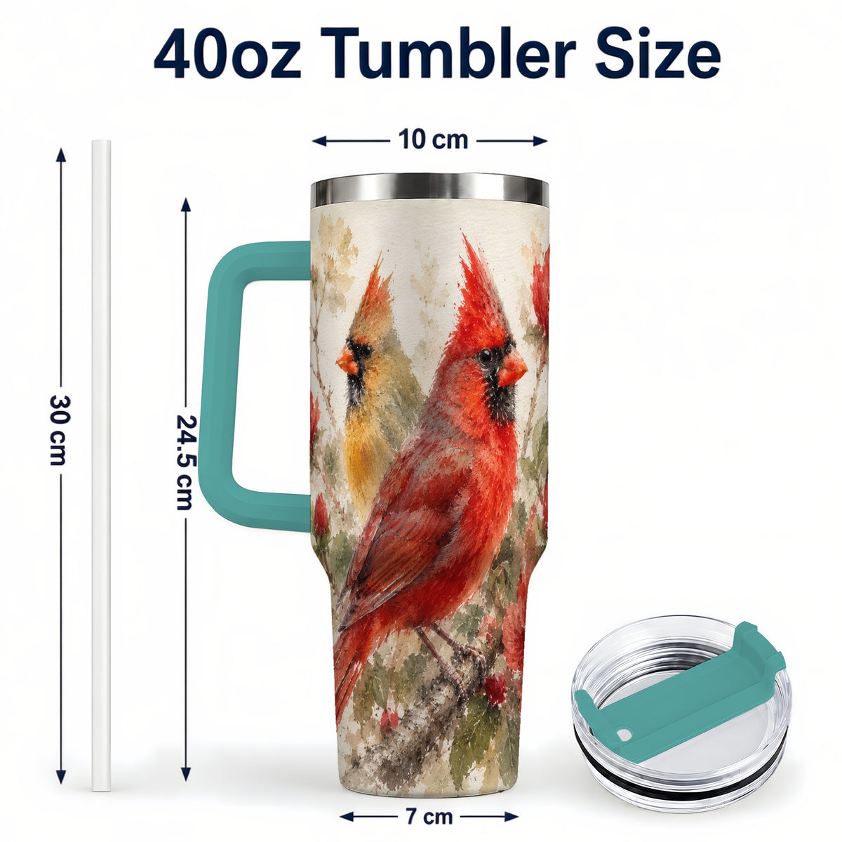 #pl[40oz|Green] Red Cardinal 40oz Tumbler with Handle, Floral Bird Travel Cup
