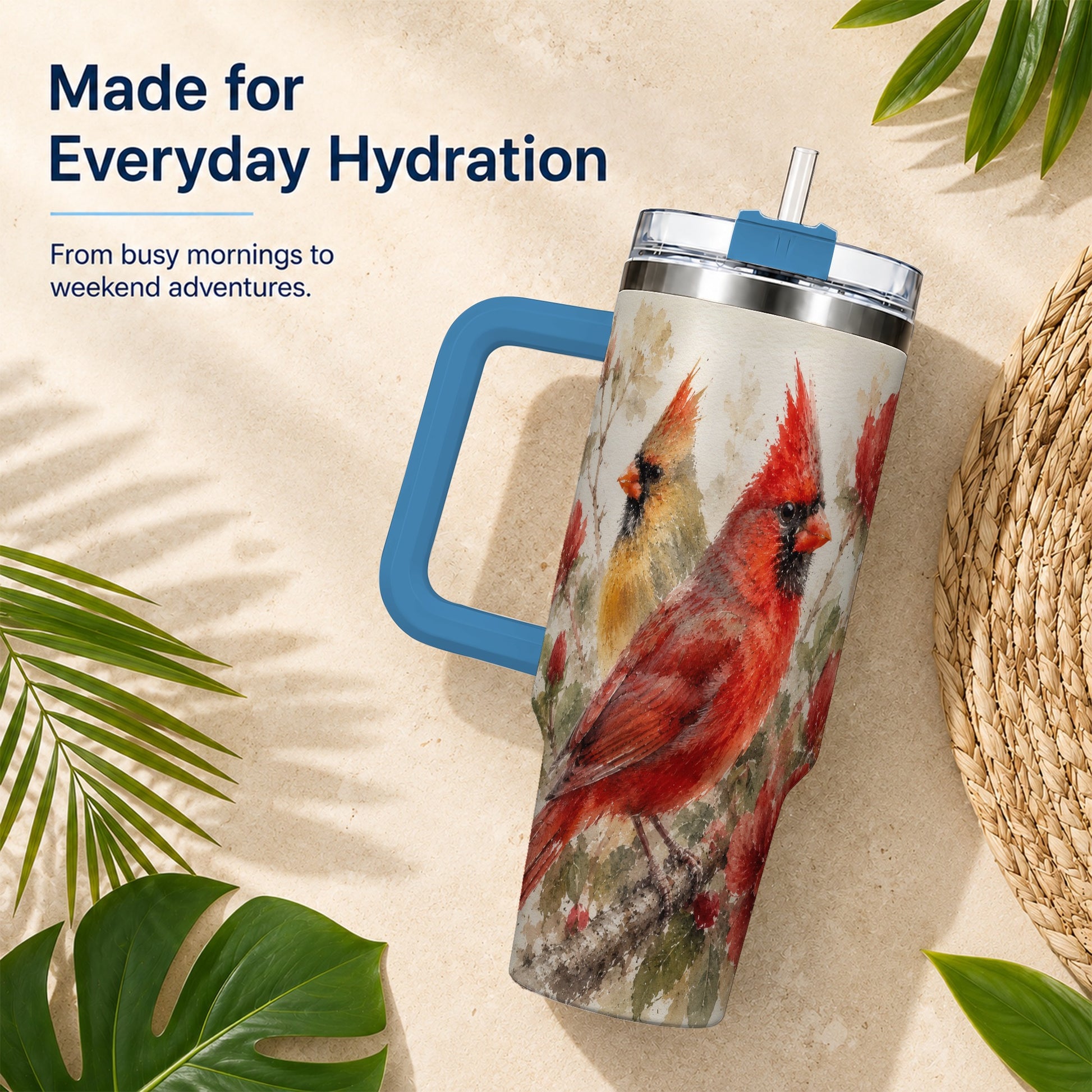 #pl[40oz|Blue] Red Cardinal 40oz Tumbler with Handle, Floral Bird Travel Cup