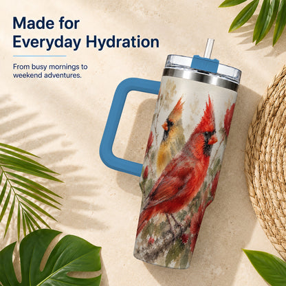 #pl[40oz|Blue] Red Cardinal 40oz Tumbler with Handle, Floral Bird Travel Cup