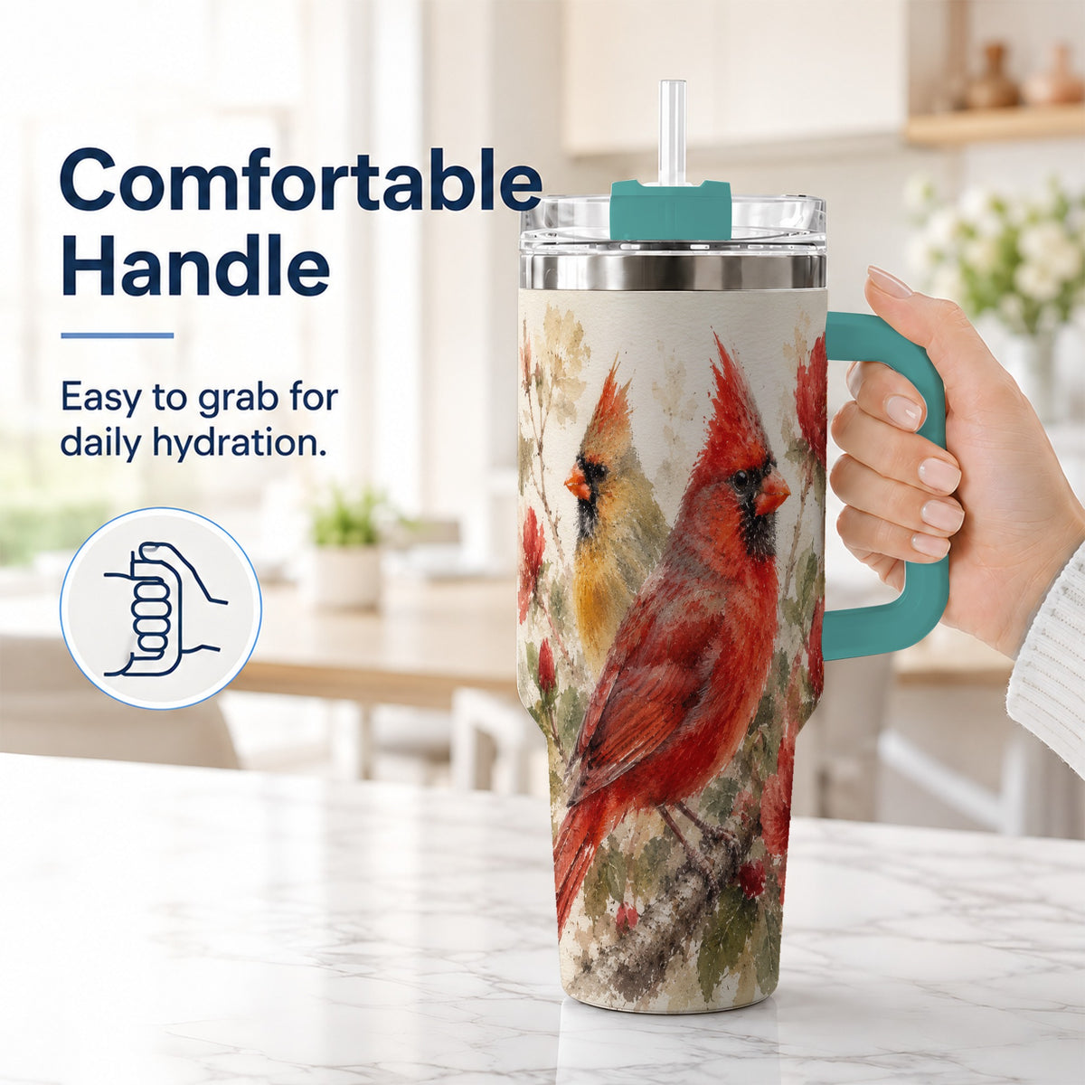 #pl[40oz|Green] Red Cardinal 40oz Tumbler with Handle, Floral Bird Travel Cup
