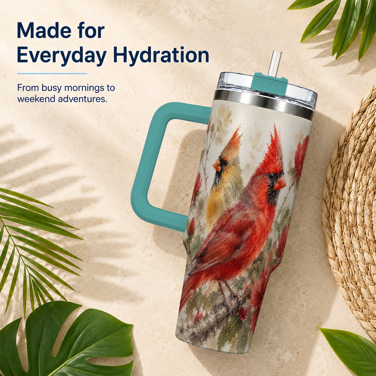 #pl[40oz|Green] Red Cardinal 40oz Tumbler with Handle, Floral Bird Travel Cup