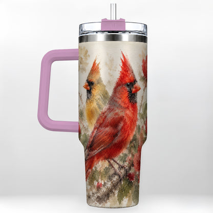 #pl[40oz|Pink] Red Cardinal 40oz Tumbler with Handle, Floral Bird Travel Cup