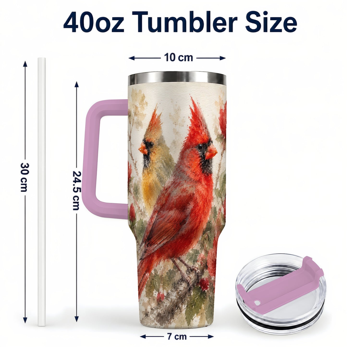 #pl[40oz|Pink] Red Cardinal 40oz Tumbler with Handle, Floral Bird Travel Cup