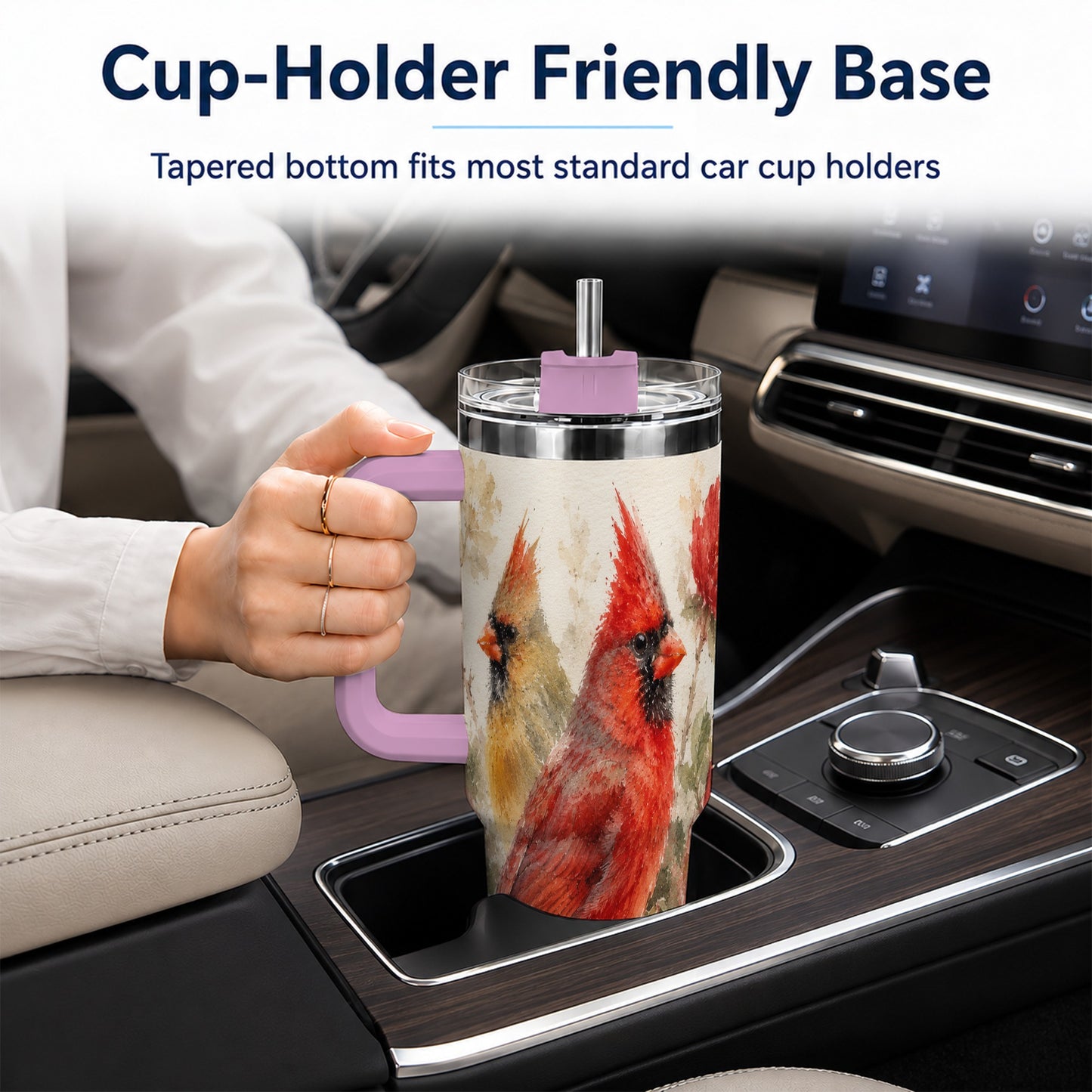 #pl[40oz|Pink] Red Cardinal 40oz Tumbler with Handle, Floral Bird Travel Cup