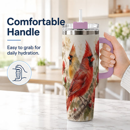 #pl[40oz|Pink] Red Cardinal 40oz Tumbler with Handle, Floral Bird Travel Cup