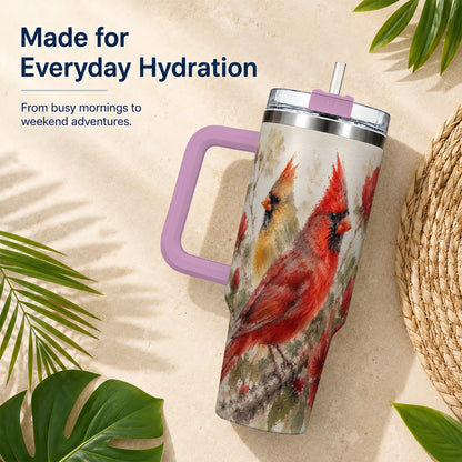 #pl[40oz|Pink] Red Cardinal 40oz Tumbler with Handle, Floral Bird Travel Cup