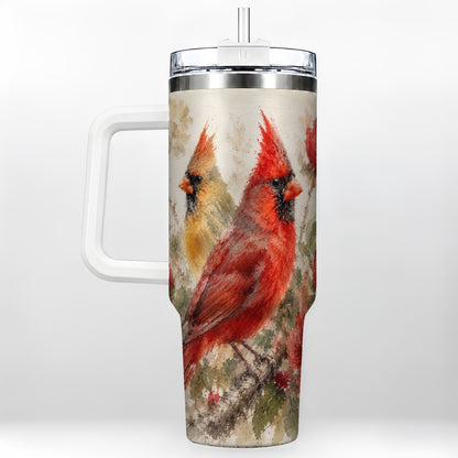 Red Cardinal 40oz Tumbler with Handle, Floral Bird Travel Cup