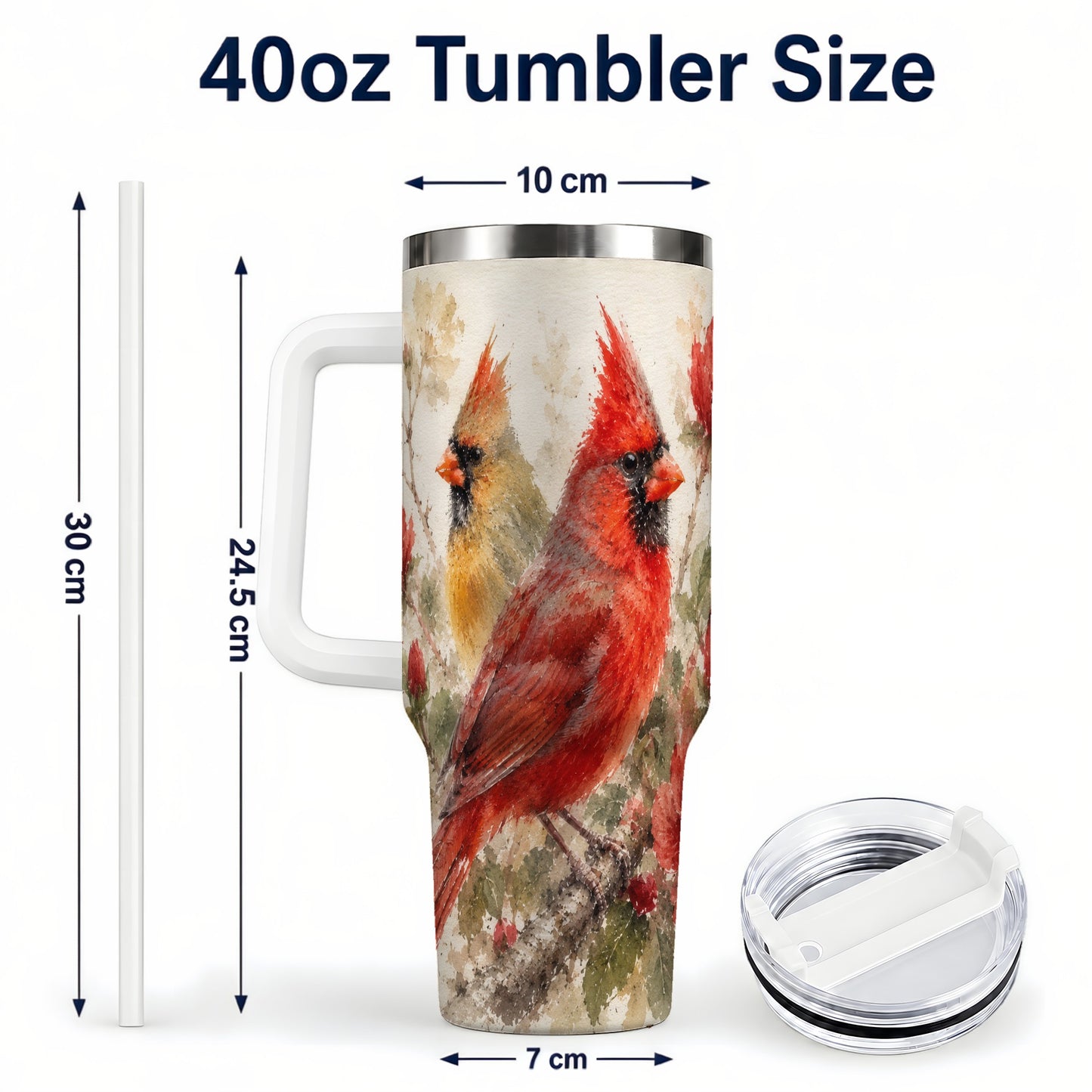 #pl[40oz|White] Red Cardinal 40oz Tumbler with Handle, Floral Bird Travel Cup