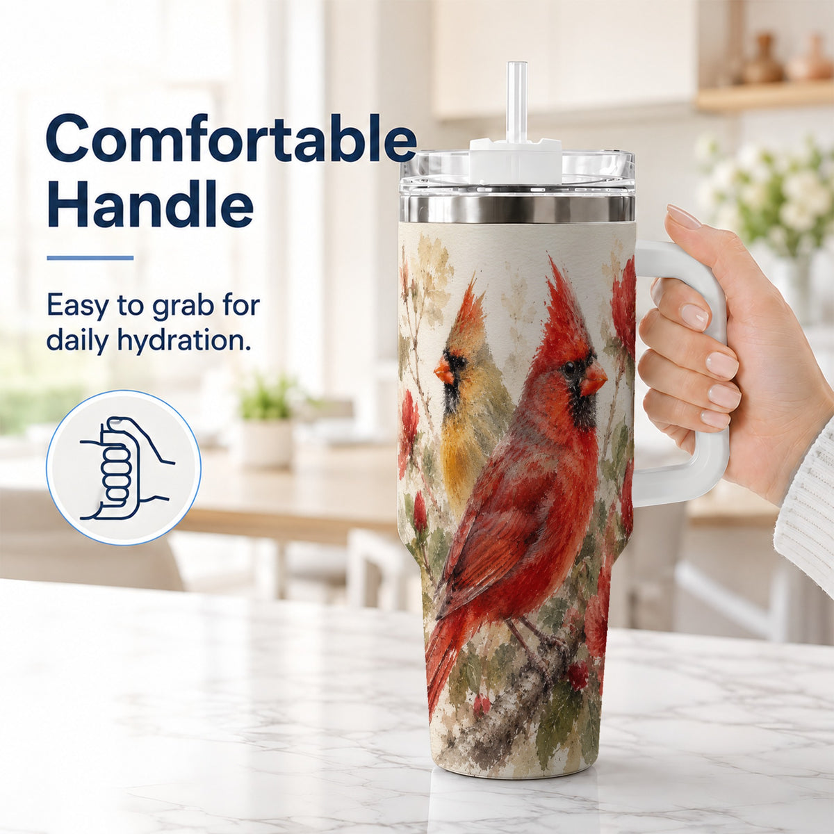 #pl[40oz|White] Red Cardinal 40oz Tumbler with Handle, Floral Bird Travel Cup