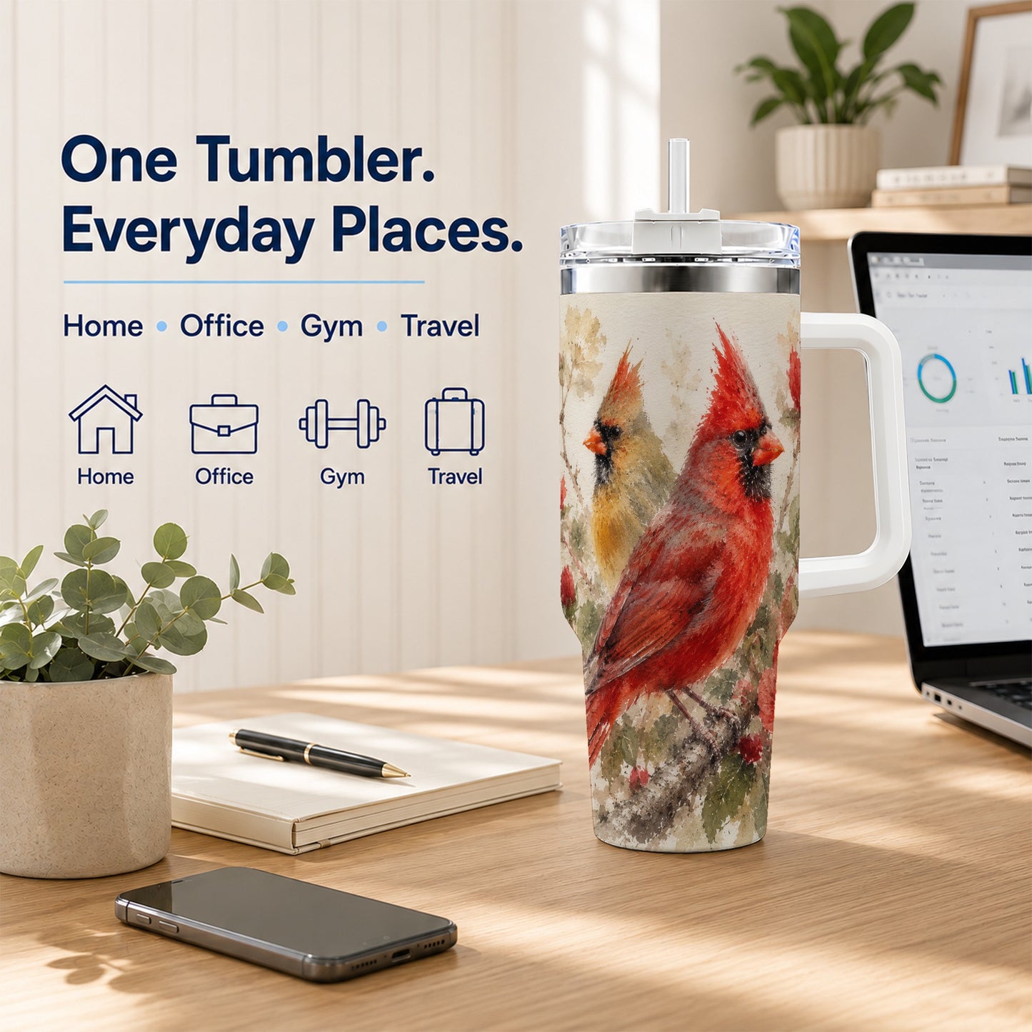 #pl[40oz|White] Red Cardinal 40oz Tumbler with Handle, Floral Bird Travel Cup