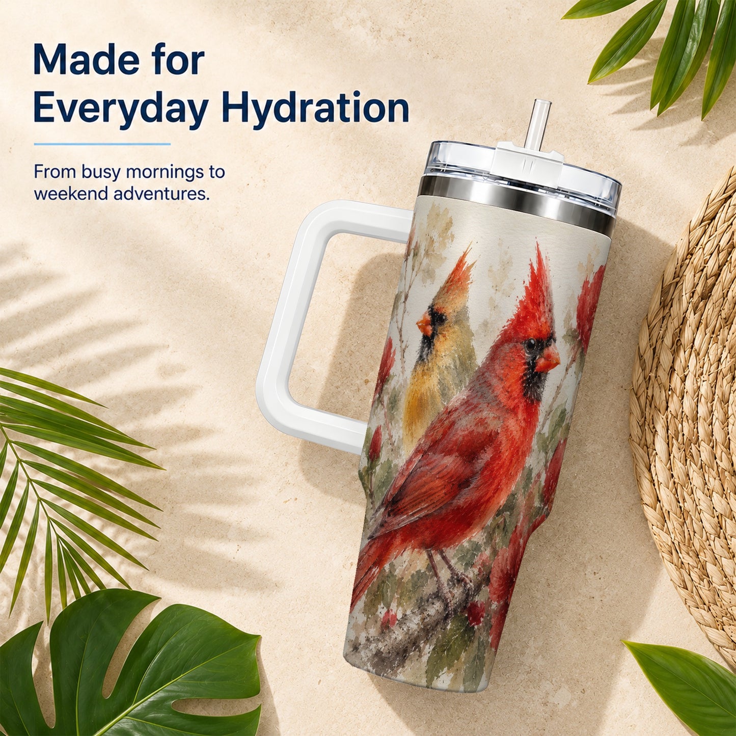 #pl[40oz|White] Red Cardinal 40oz Tumbler with Handle, Floral Bird Travel Cup