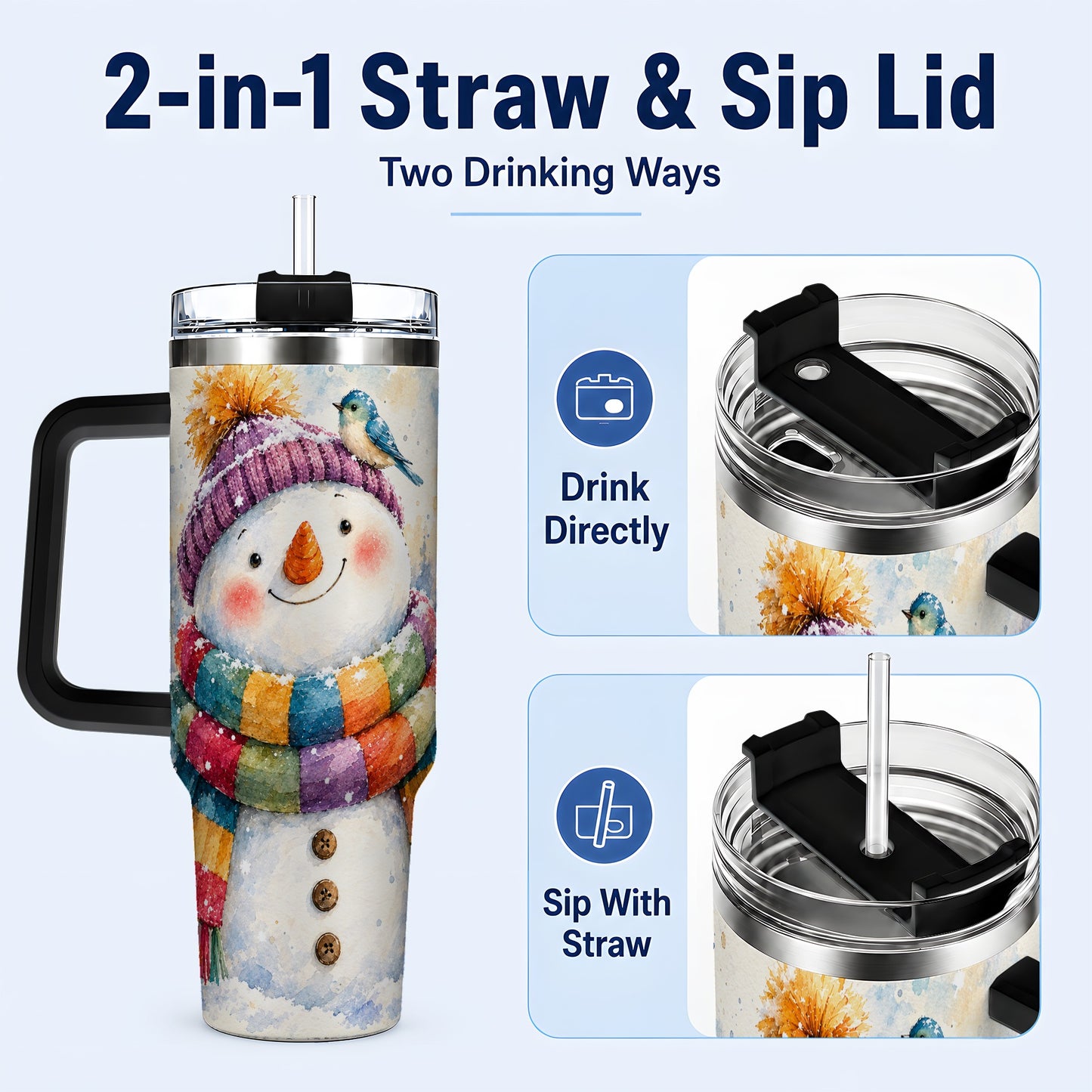 #pl[40oz|Black] Cheerful Snowman 40oz Tumbler with Handle, Winter Travel Cup