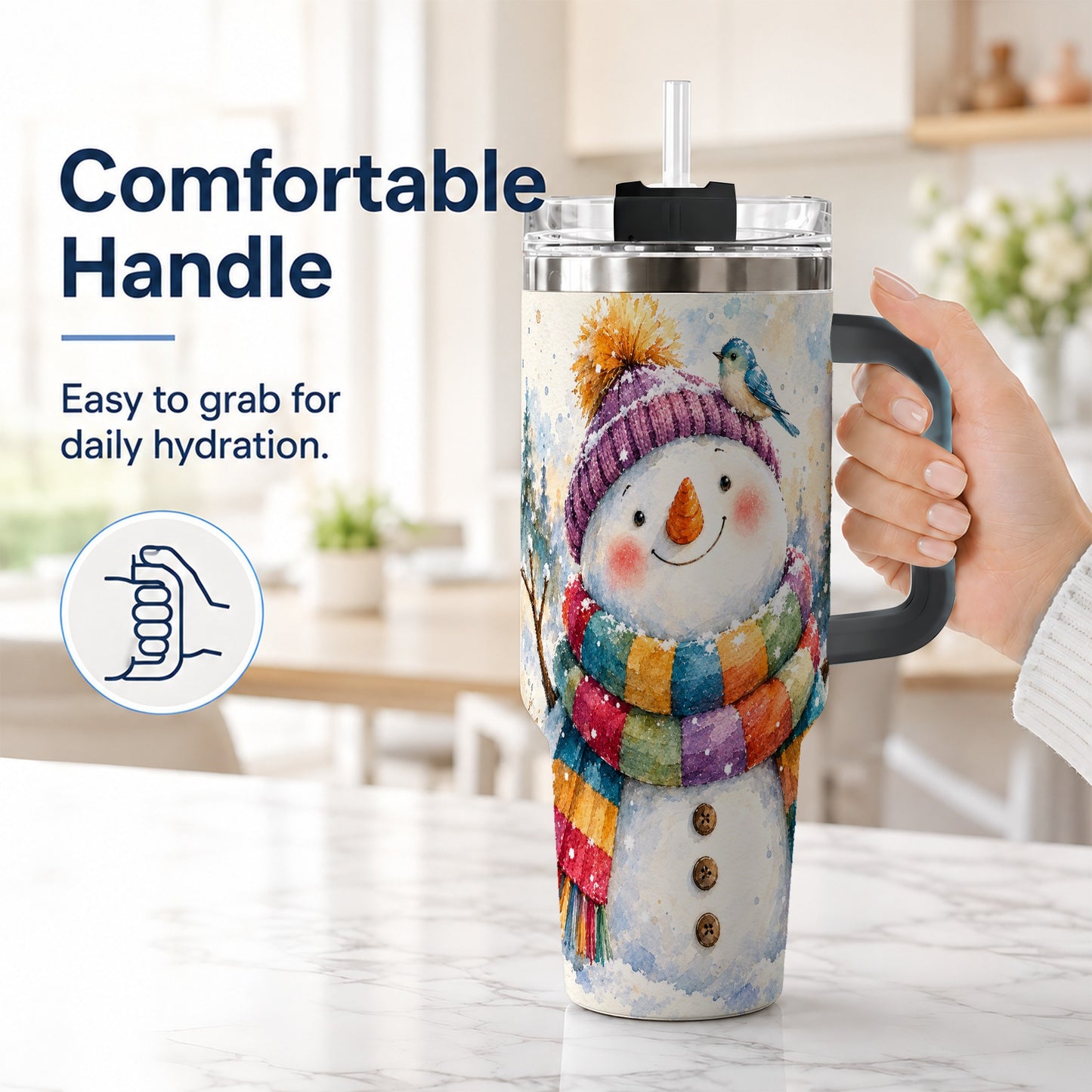 #pl[40oz|Black] Cheerful Snowman 40oz Tumbler with Handle, Winter Travel Cup
