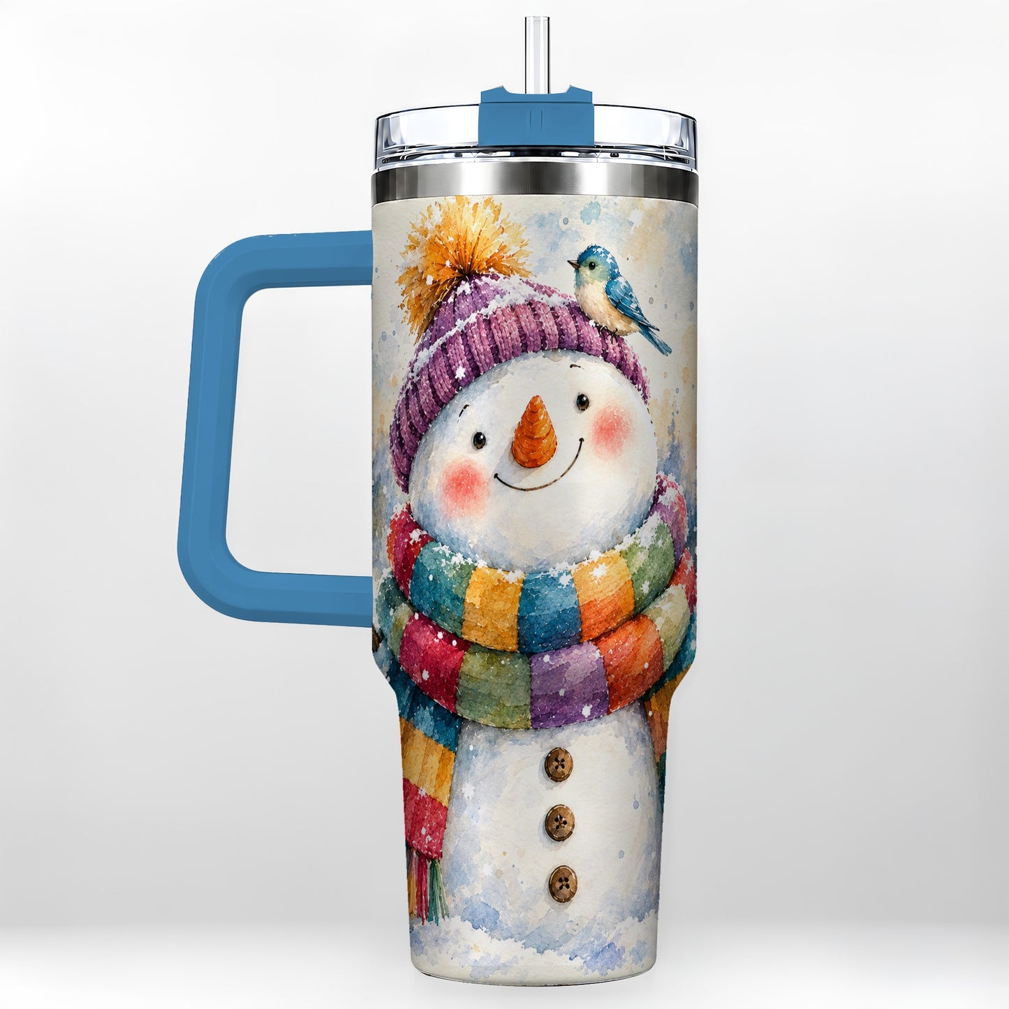 #pl[40oz|Blue] Cheerful Snowman 40oz Tumbler with Handle, Winter Travel Cup