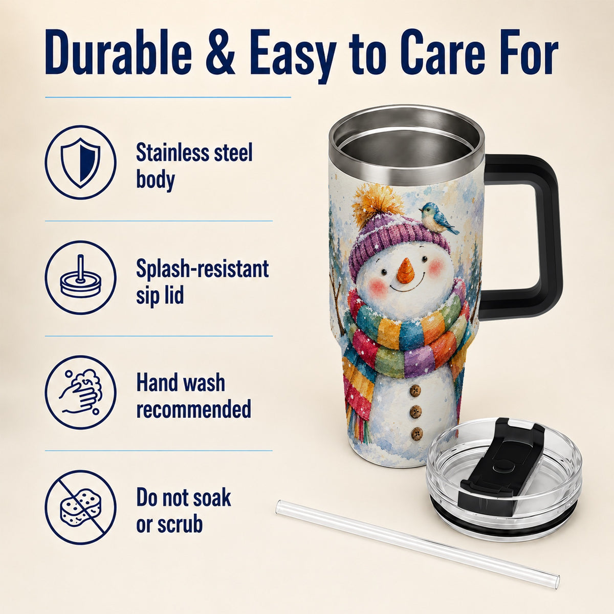 #pl[40oz|Black] Cheerful Snowman 40oz Tumbler with Handle, Winter Travel Cup
