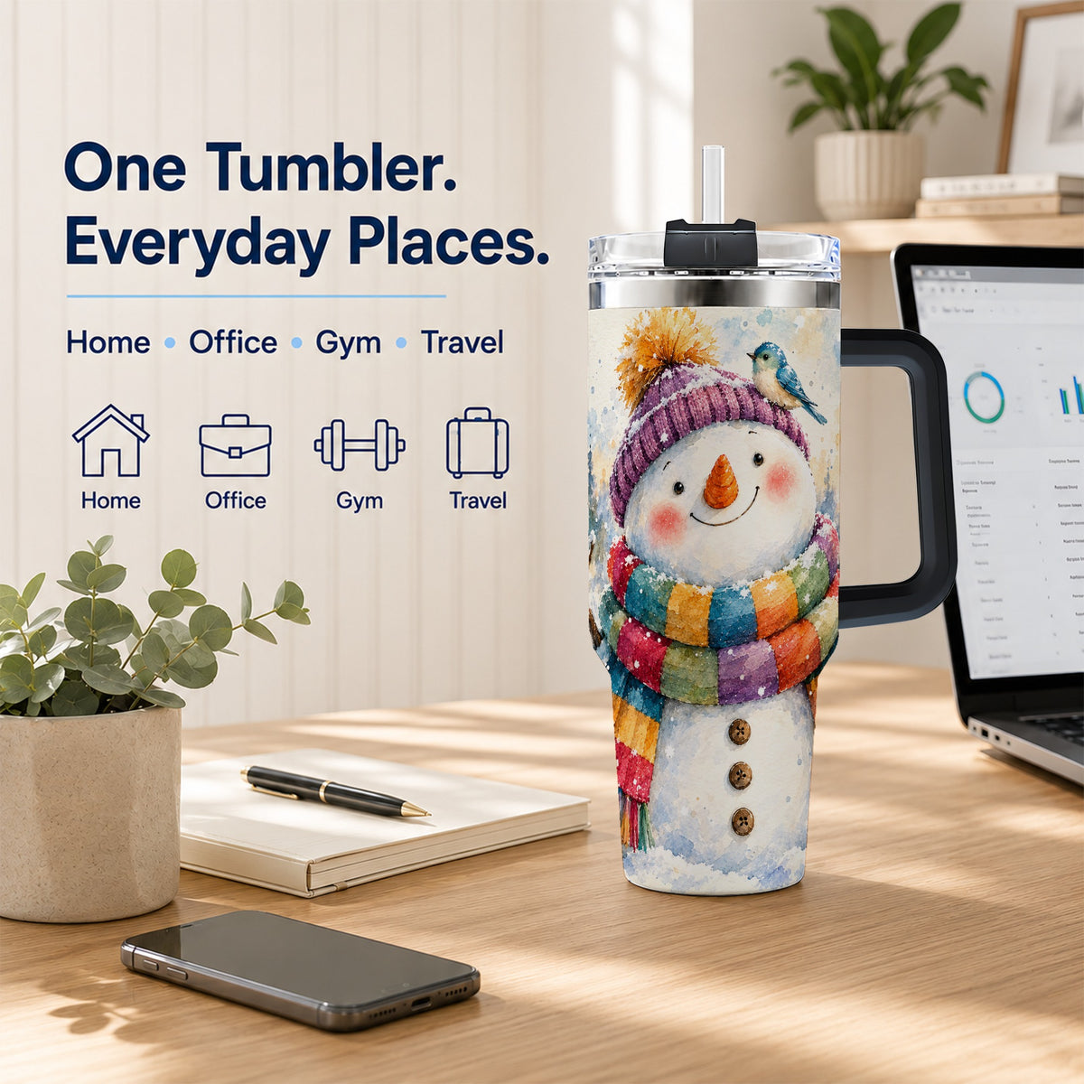 #pl[40oz|Black] Cheerful Snowman 40oz Tumbler with Handle, Winter Travel Cup