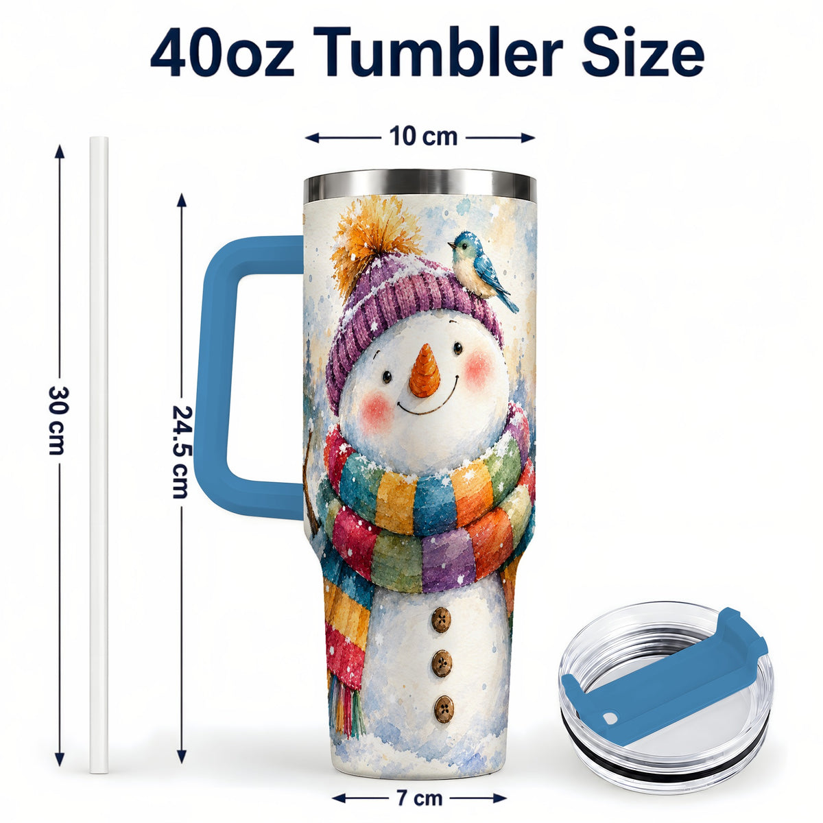 #pl[40oz|Blue] Cheerful Snowman 40oz Tumbler with Handle, Winter Travel Cup