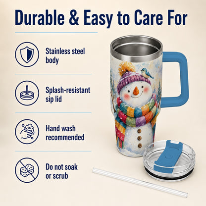 #pl[40oz|Blue] Cheerful Snowman 40oz Tumbler with Handle, Winter Travel Cup